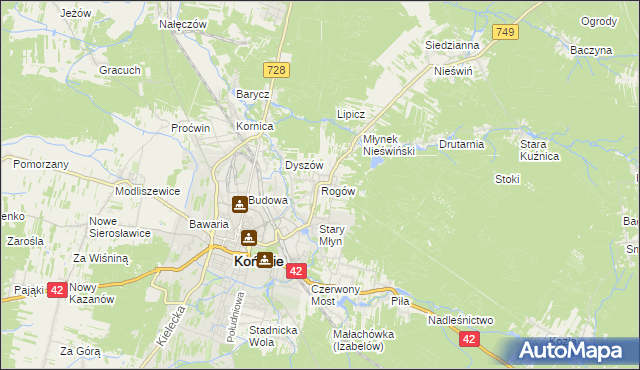 mapa Rogów gmina Końskie, Rogów gmina Końskie na mapie Targeo