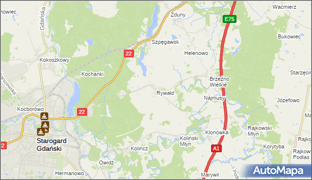 mapa Rywałd gmina Starogard Gdański, Rywałd gmina Starogard Gdański na mapie Targeo