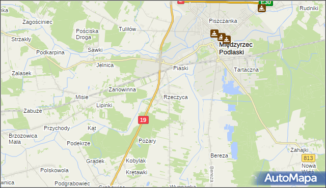 mapa Rzeczyca gmina Międzyrzec Podlaski, Rzeczyca gmina Międzyrzec Podlaski na mapie Targeo