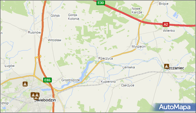 mapa Rzeczyca gmina Świebodzin, Rzeczyca gmina Świebodzin na mapie Targeo