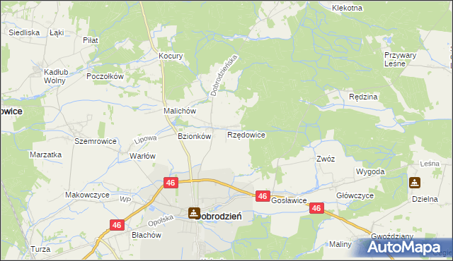 mapa Rzędowice gmina Dobrodzień, Rzędowice gmina Dobrodzień na mapie Targeo