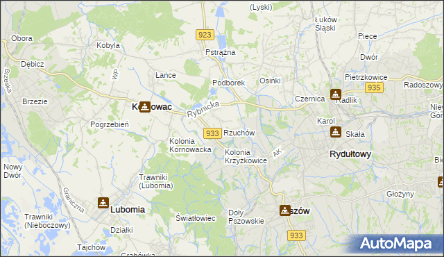 mapa Rzuchów gmina Kornowac, Rzuchów gmina Kornowac na mapie Targeo