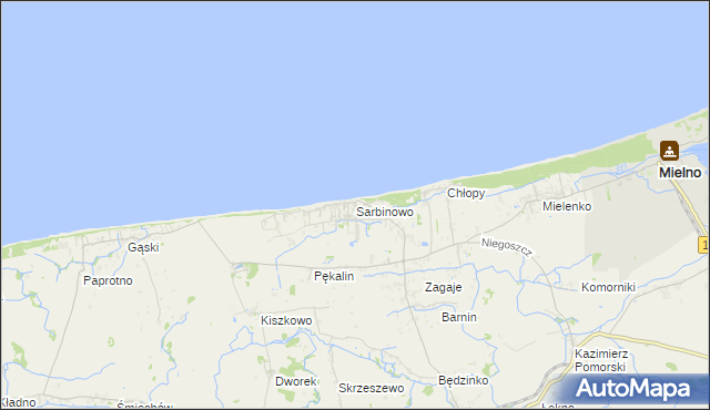 mapa Sarbinowo gmina Mielno, Sarbinowo gmina Mielno na mapie Targeo