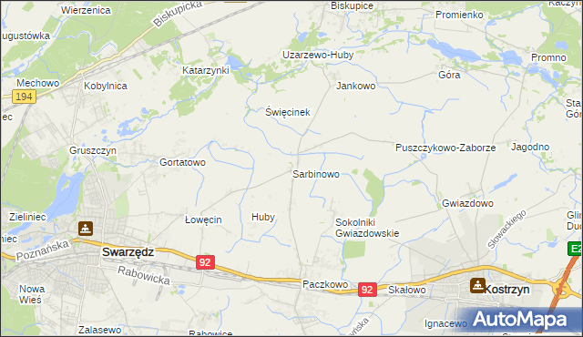 mapa Sarbinowo gmina Swarzędz, Sarbinowo gmina Swarzędz na mapie Targeo