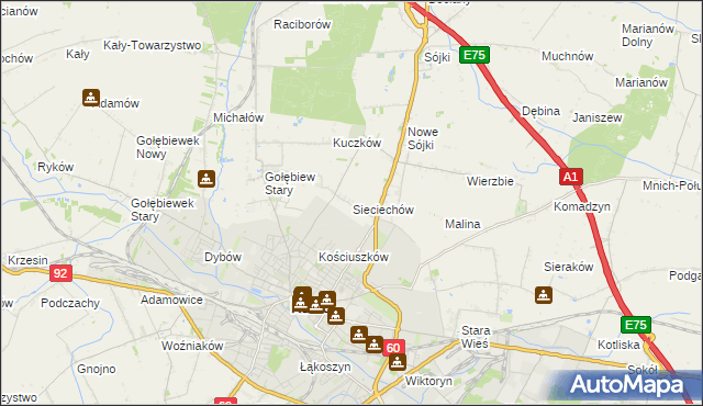 mapa Sieciechów gmina Kutno, Sieciechów gmina Kutno na mapie Targeo