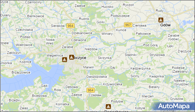 mapa Skrzynka gmina Dobczyce, Skrzynka gmina Dobczyce na mapie Targeo