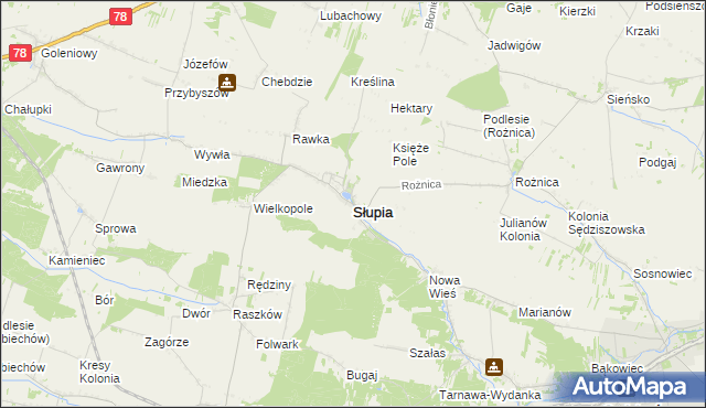 mapa Słupia powiat jędrzejowski, Słupia powiat jędrzejowski na mapie Targeo