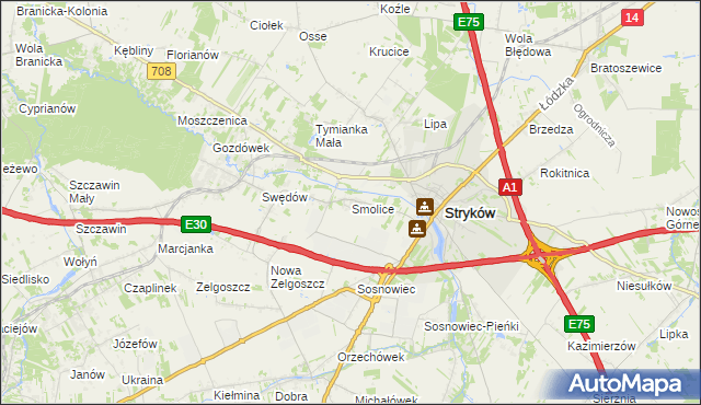 mapa Smolice gmina Stryków, Smolice gmina Stryków na mapie Targeo