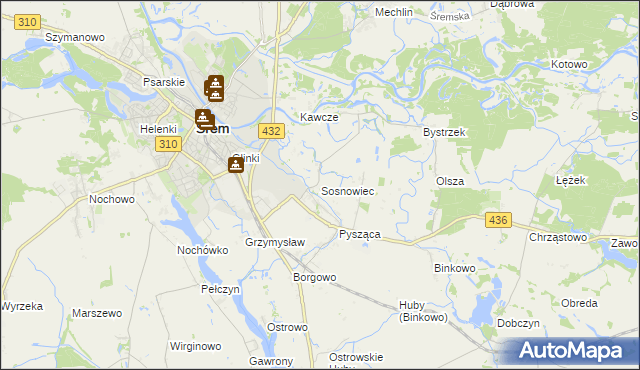 mapa Sosnowiec gmina Śrem, Sosnowiec gmina Śrem na mapie Targeo