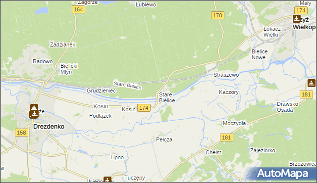 mapa Stare Bielice gmina Drezdenko, Stare Bielice gmina Drezdenko na mapie Targeo