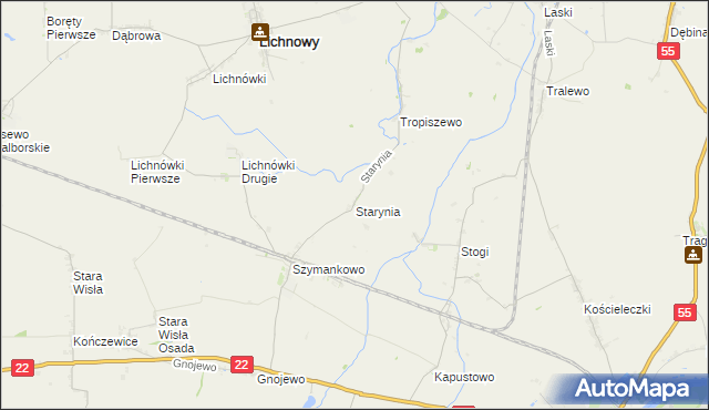 mapa Starynia gmina Lichnowy, Starynia gmina Lichnowy na mapie Targeo