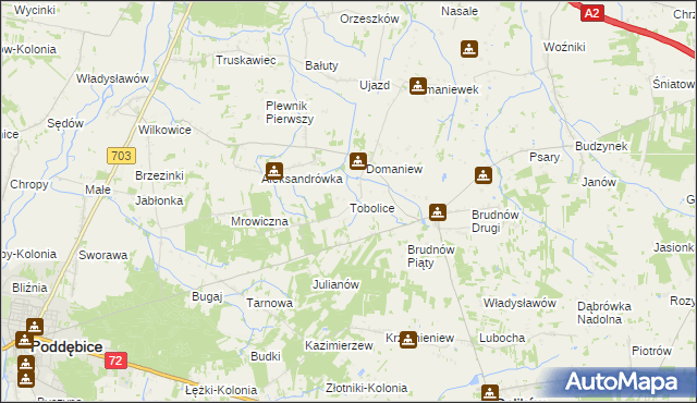 mapa Tobolice gmina Dalików, Tobolice gmina Dalików na mapie Targeo