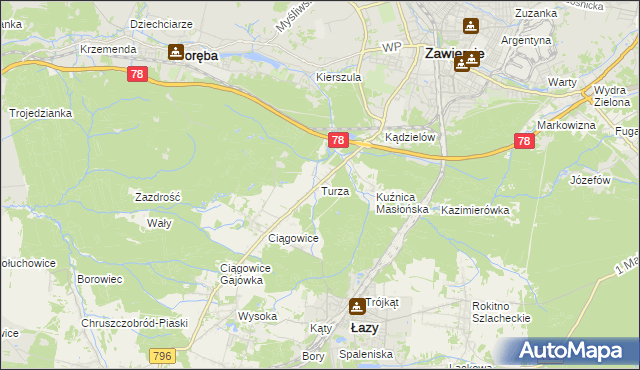 mapa Turza gmina Łazy, Turza gmina Łazy na mapie Targeo