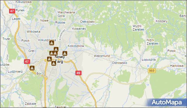 mapa Waksmund, Waksmund na mapie Targeo