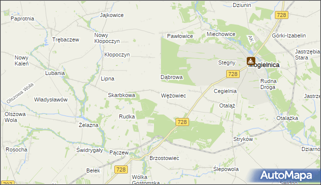 mapa Wężowiec gmina Mogielnica, Wężowiec gmina Mogielnica na mapie Targeo