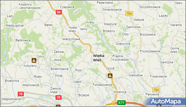 mapa Wielka Wieś powiat krakowski, Wielka Wieś powiat krakowski na mapie Targeo