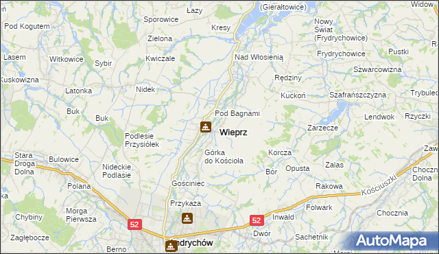 mapa Wieprz powiat wadowicki, Wieprz powiat wadowicki na mapie Targeo