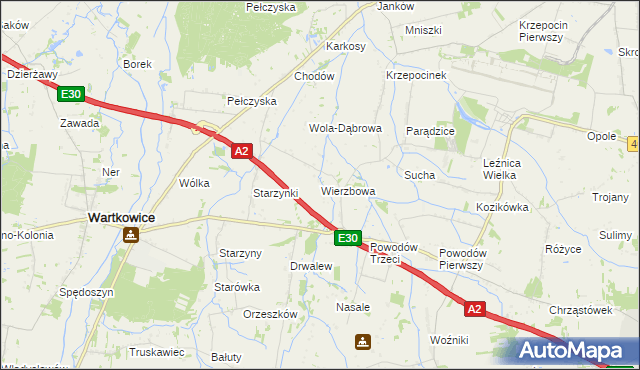mapa Wierzbowa gmina Wartkowice, Wierzbowa gmina Wartkowice na mapie Targeo