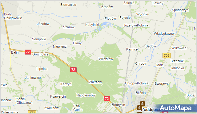 mapa Wilczków gmina Poddębice, Wilczków gmina Poddębice na mapie Targeo