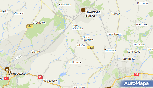 mapa Witków gmina Jaworzyna Śląska, Witków gmina Jaworzyna Śląska na mapie Targeo