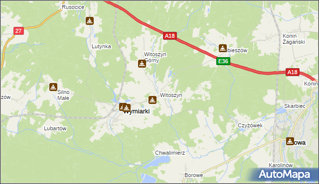 mapa Witoszyn gmina Wymiarki, Witoszyn gmina Wymiarki na mapie Targeo