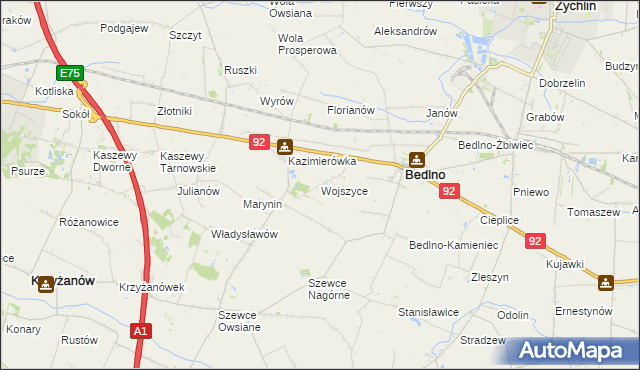 mapa Wojszyce gmina Bedlno, Wojszyce gmina Bedlno na mapie Targeo