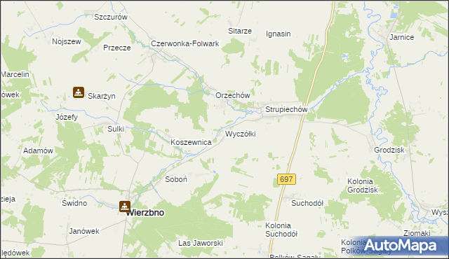 mapa Wyczółki gmina Wierzbno, Wyczółki gmina Wierzbno na mapie Targeo