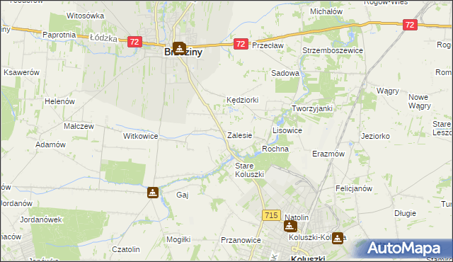 mapa Zalesie gmina Brzeziny, Zalesie gmina Brzeziny na mapie Targeo