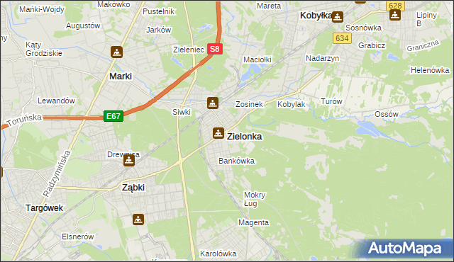 mapa Zielonka powiat wołomiński, Zielonka powiat wołomiński na mapie Targeo