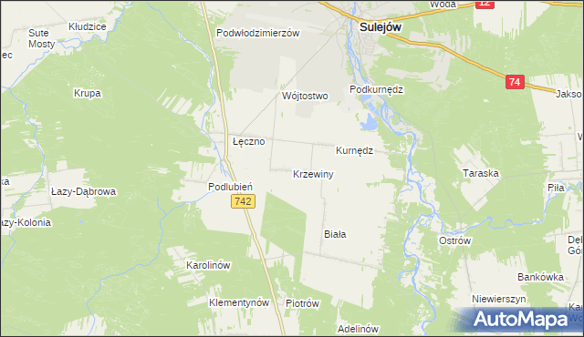 mapa Krzewiny gmina Sulejów, Krzewiny gmina Sulejów na mapie Targeo