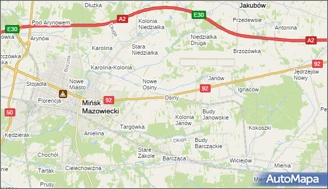 mapa Osiny gmina Mińsk Mazowiecki, Osiny gmina Mińsk Mazowiecki na mapie Targeo