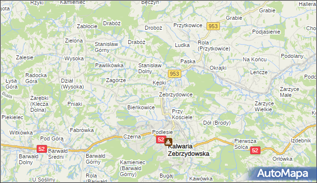 mapa Zebrzydowice gmina Kalwaria Zebrzydowska, Zebrzydowice gmina Kalwaria Zebrzydowska na mapie Targeo