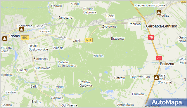 mapa Anielin gmina Garbatka-Letnisko, Anielin gmina Garbatka-Letnisko na mapie Targeo