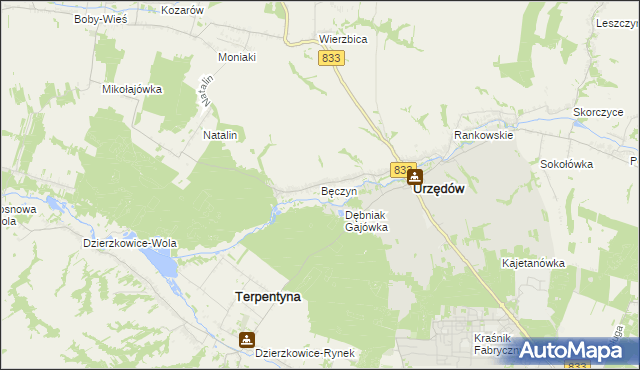 mapa Bęczyn gmina Urzędów, Bęczyn gmina Urzędów na mapie Targeo