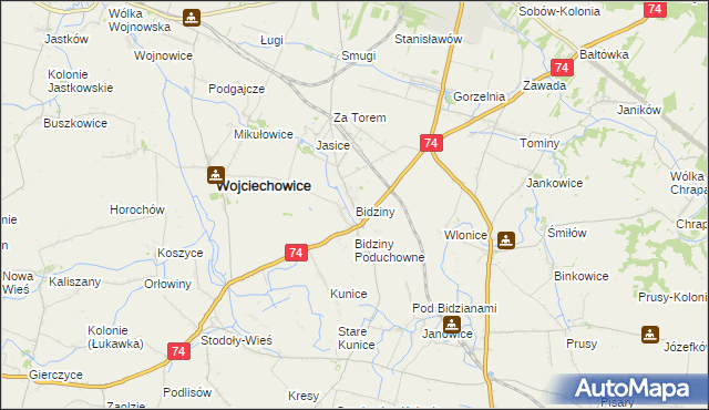 mapa Bidziny, Bidziny na mapie Targeo