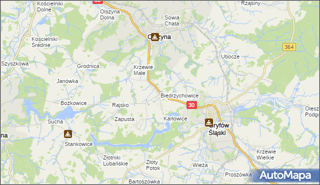 mapa Biedrzychowice gmina Olszyna, Biedrzychowice gmina Olszyna na mapie Targeo