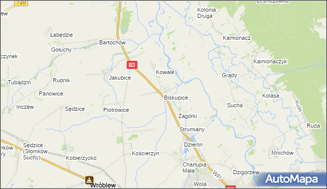 mapa Biskupice gmina Sieradz, Biskupice gmina Sieradz na mapie Targeo