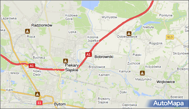 mapa Bobrowniki powiat będziński, Bobrowniki powiat będziński na mapie Targeo