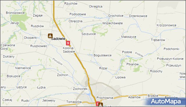 mapa Bogusławice gmina Sadowie, Bogusławice gmina Sadowie na mapie Targeo