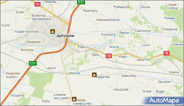 mapa Borki gmina Jędrzejów, Borki gmina Jędrzejów na mapie Targeo