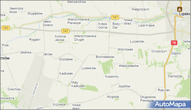 mapa Bronisławów gmina Sienno, Bronisławów gmina Sienno na mapie Targeo