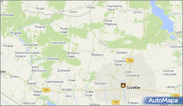 mapa Brzeziny gmina Szydłów, Brzeziny gmina Szydłów na mapie Targeo