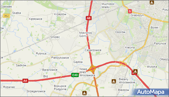 mapa Cesarzowice gmina Kąty Wrocławskie, Cesarzowice gmina Kąty Wrocławskie na mapie Targeo