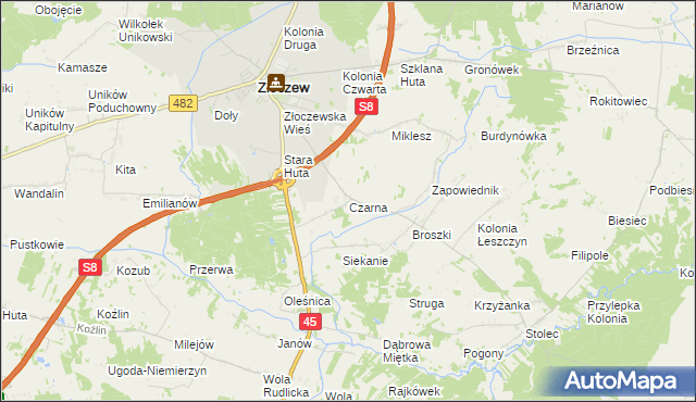 mapa Czarna gmina Złoczew, Czarna gmina Złoczew na mapie Targeo