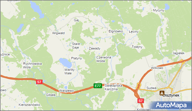 mapa Czerwona Woda gmina Olsztynek, Czerwona Woda gmina Olsztynek na mapie Targeo