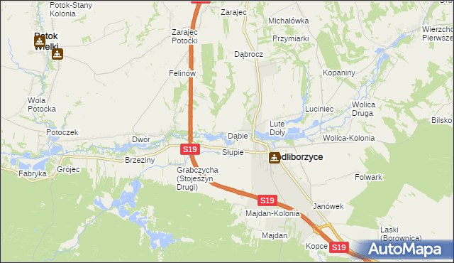 mapa Dąbie gmina Modliborzyce, Dąbie gmina Modliborzyce na mapie Targeo