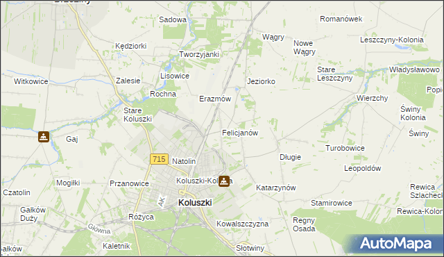 mapa Felicjanów gmina Koluszki, Felicjanów gmina Koluszki na mapie Targeo