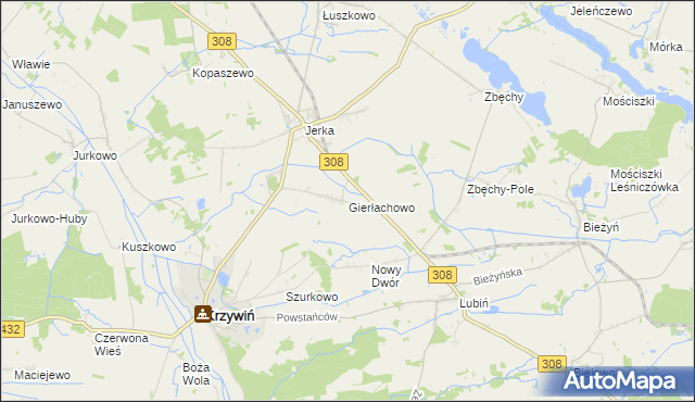 mapa Gierłachowo gmina Krzywiń, Gierłachowo gmina Krzywiń na mapie Targeo