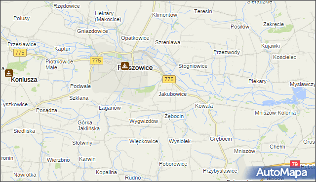 mapa Jakubowice gmina Proszowice, Jakubowice gmina Proszowice na mapie Targeo