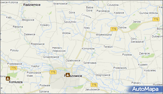 mapa Klimontów gmina Proszowice, Klimontów gmina Proszowice na mapie Targeo